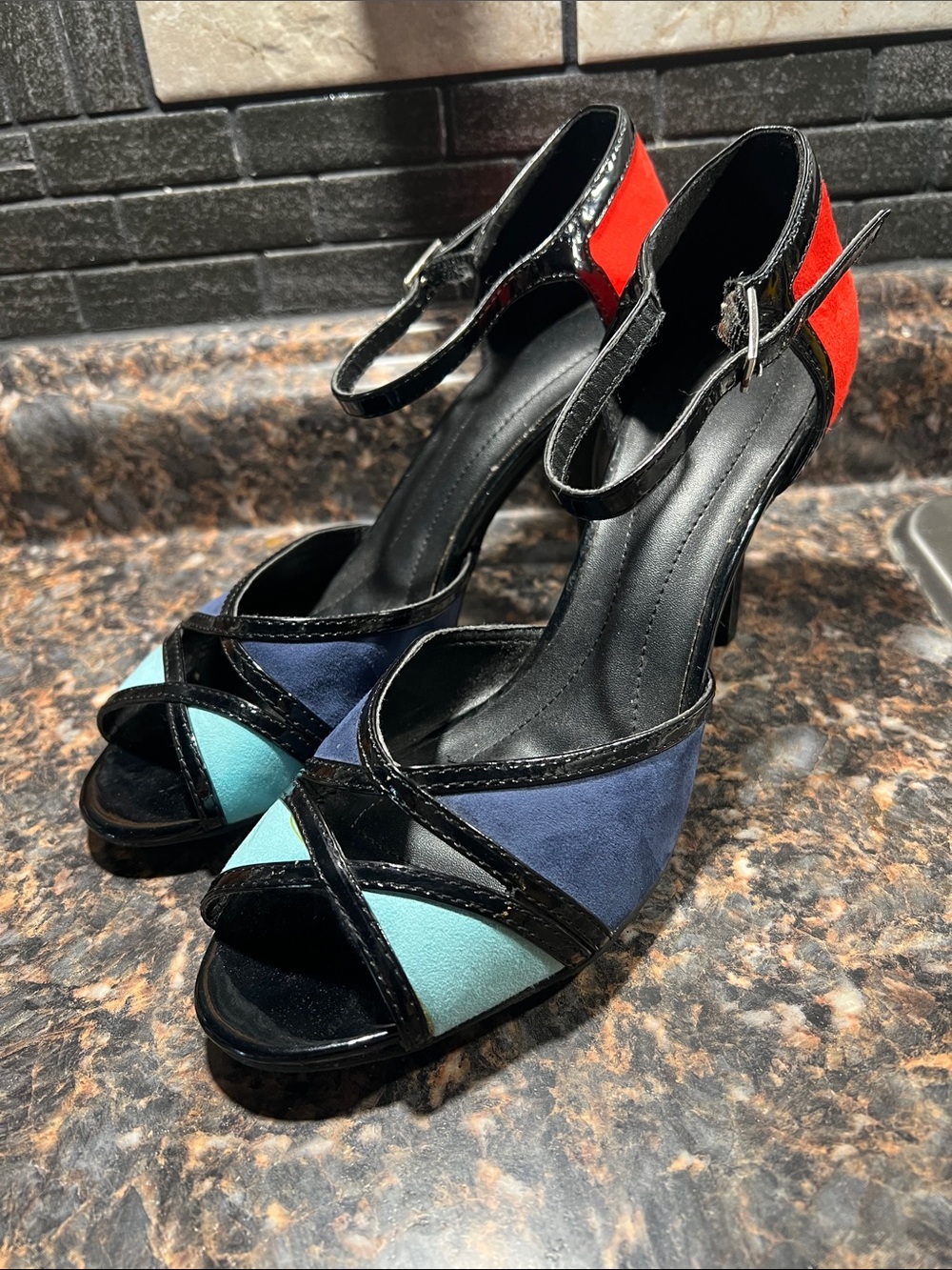 Women's Colorblock Open-Toe Ankle-Strap Heels - Blue, Teal & Red